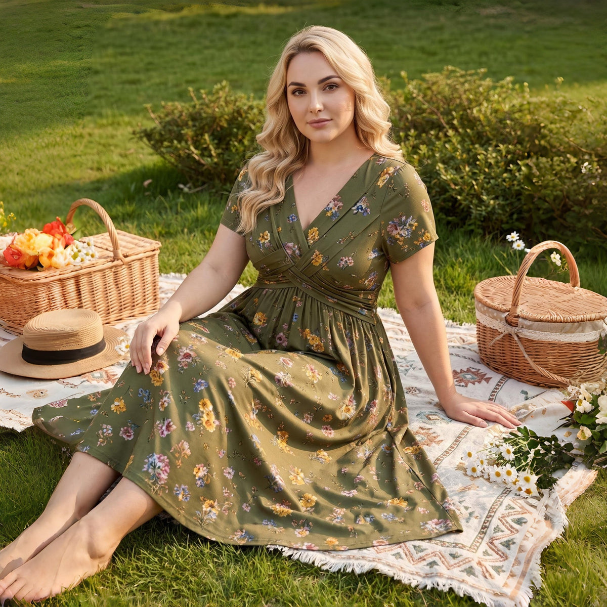 Women's V-Neck Floral Print Dress with Twist Waist