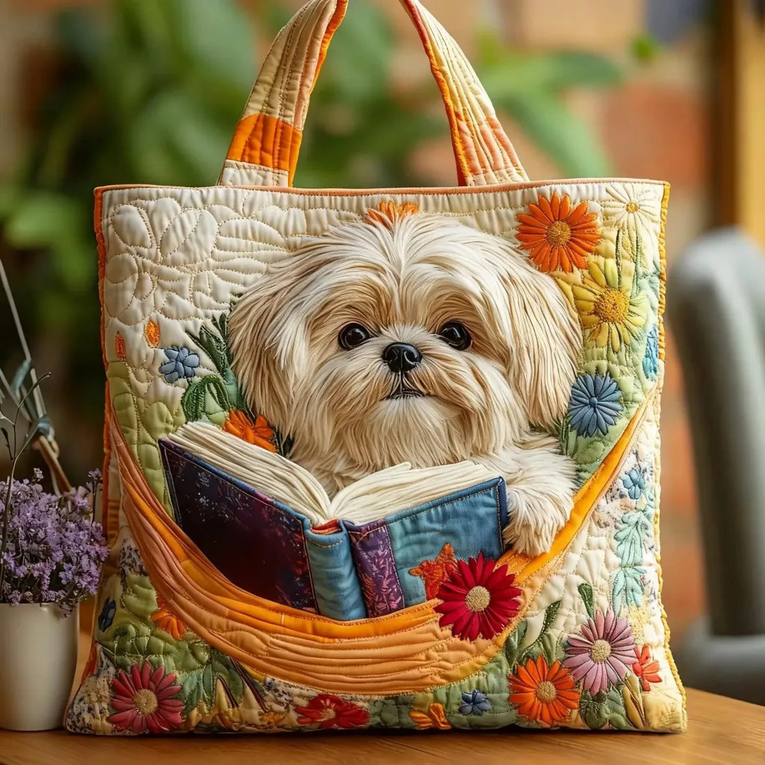 Tote Padded Bag - Shih Tzu with Books and Flowers