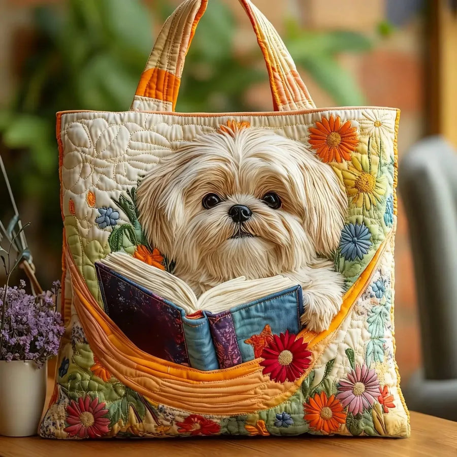Tote Padded Bag - Shih Tzu with Books and Flowers