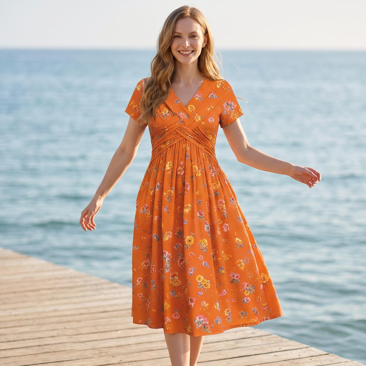 Women's V-Neck Floral Print Dress with Twist Waist