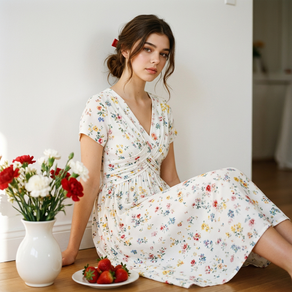 Women's V-Neck Floral Print Dress with Twist Waist