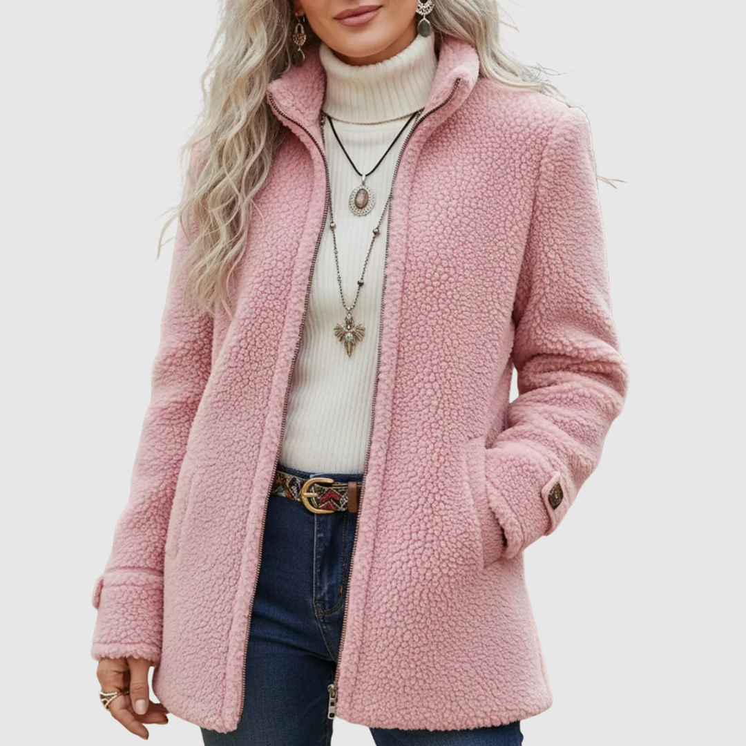 Vanessa sherpa full zip fleece jacket in Pink with a cream roll neck and jeans