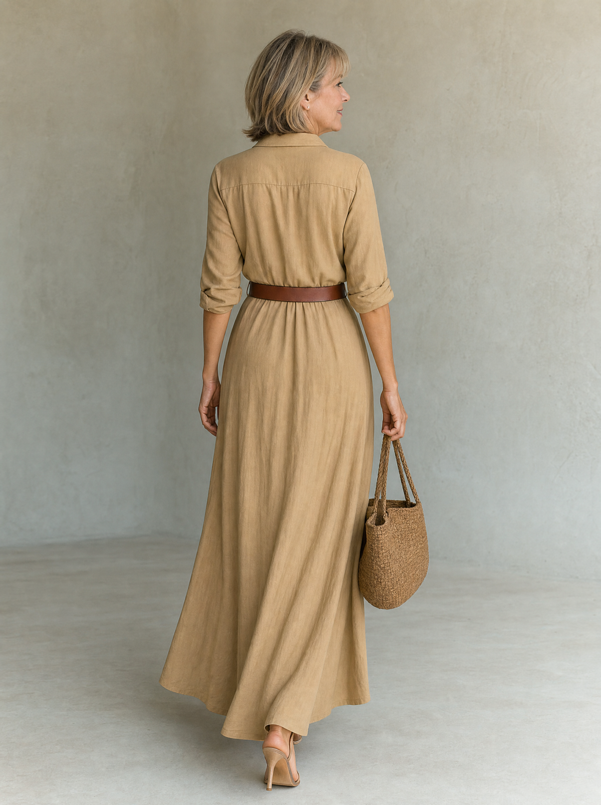 Ladies Lapel Single Breasted Long Sleeve Belted Maxi Dress