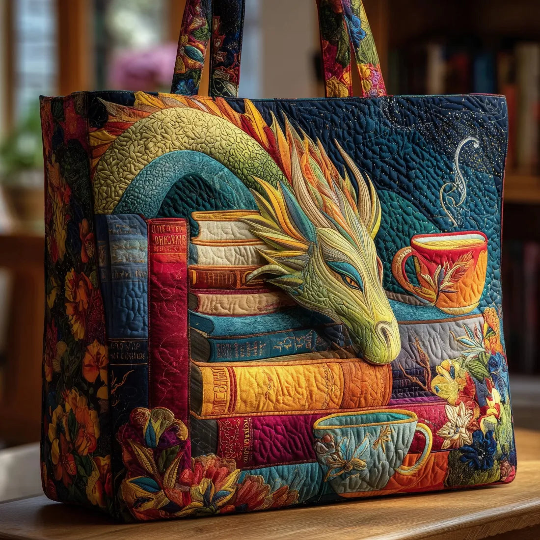 Tote Padded Bag - Dragon Reading Books and Teacups