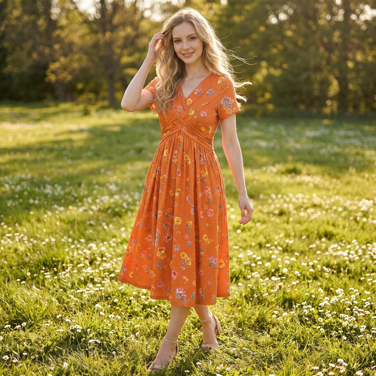 Women's V-Neck Floral Print Dress with Twist Waist