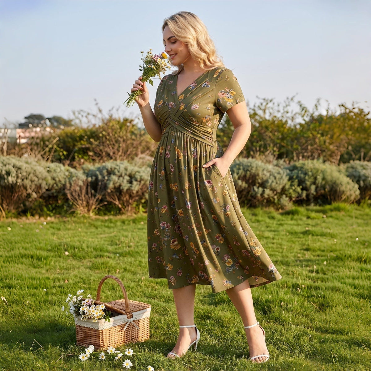 Women's V-Neck Floral Print Dress with Twist Waist
