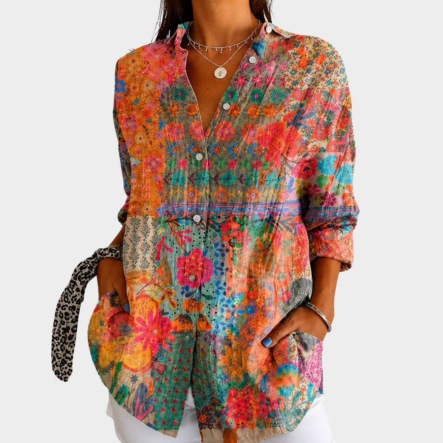SADIE | SUNLIT WILDFLOWER PATCHWORK BUTTON-FRONT BLOUSE