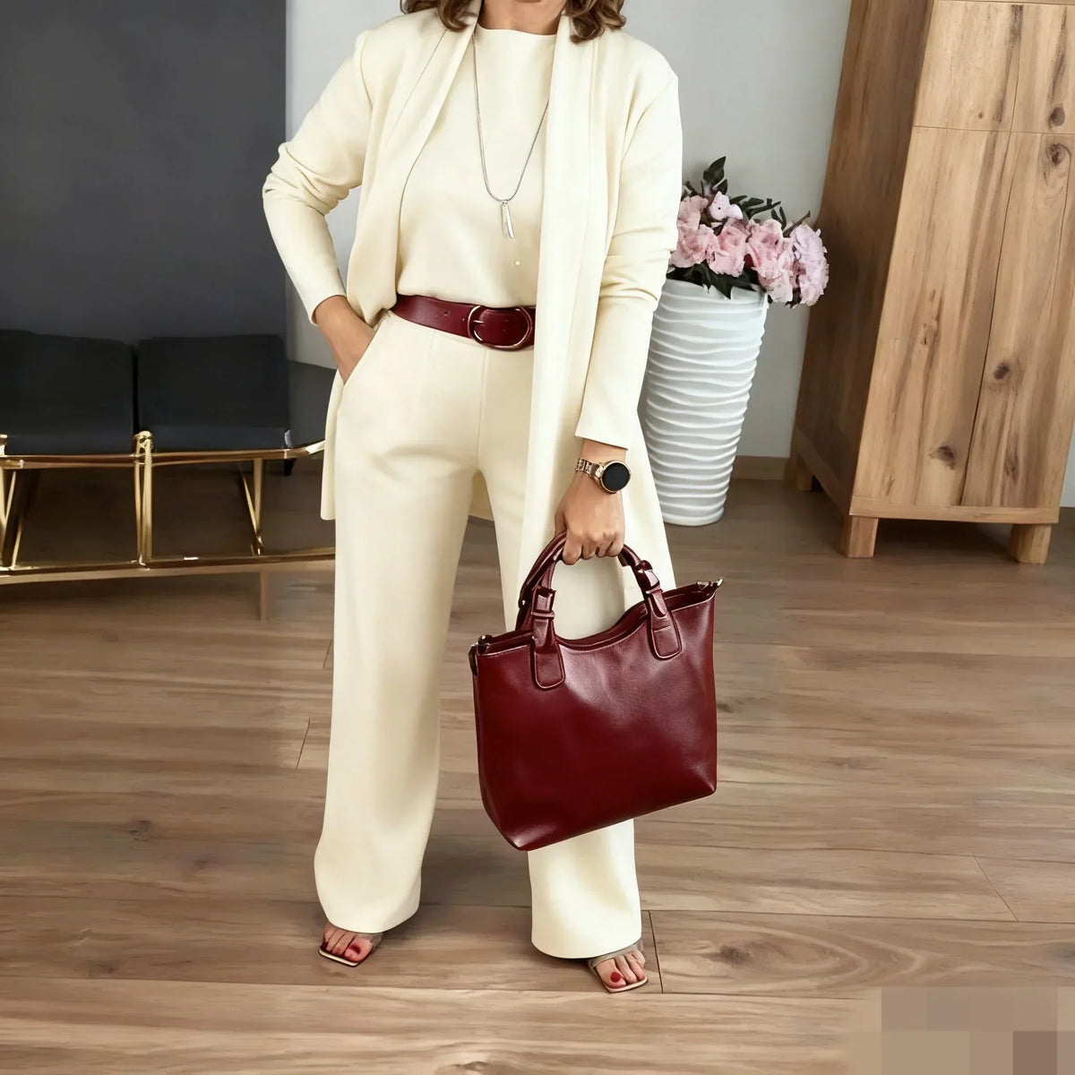 Elegant 3-Piece Set Including Long Cardigan, Top, and Pants