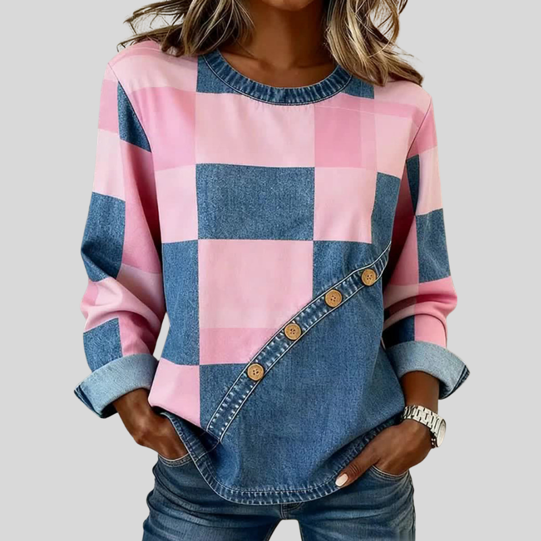 Jacqueline colourblock patchwork sweatshirt in pink and denim blue with diagonal button detail