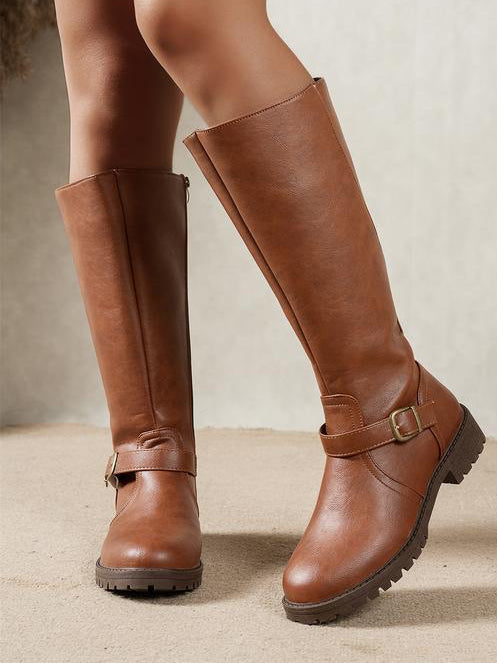 Francesca knee high buckle boots in Brown