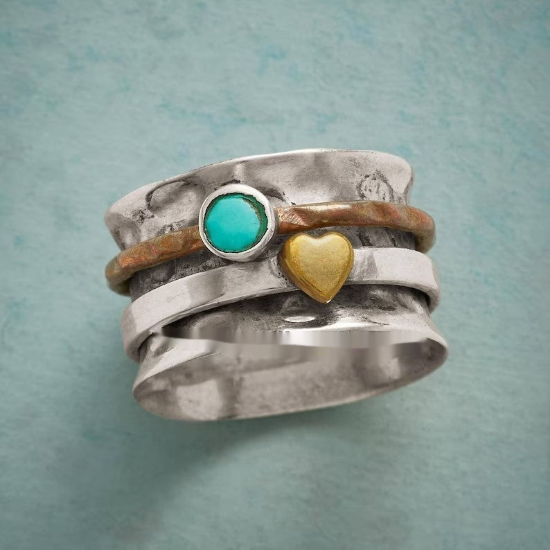 Golden Heart Silver Ring