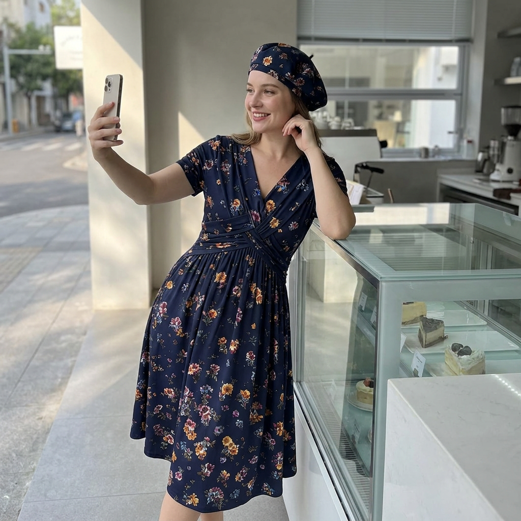 Women's V-Neck Floral Print Dress with Twist Waist