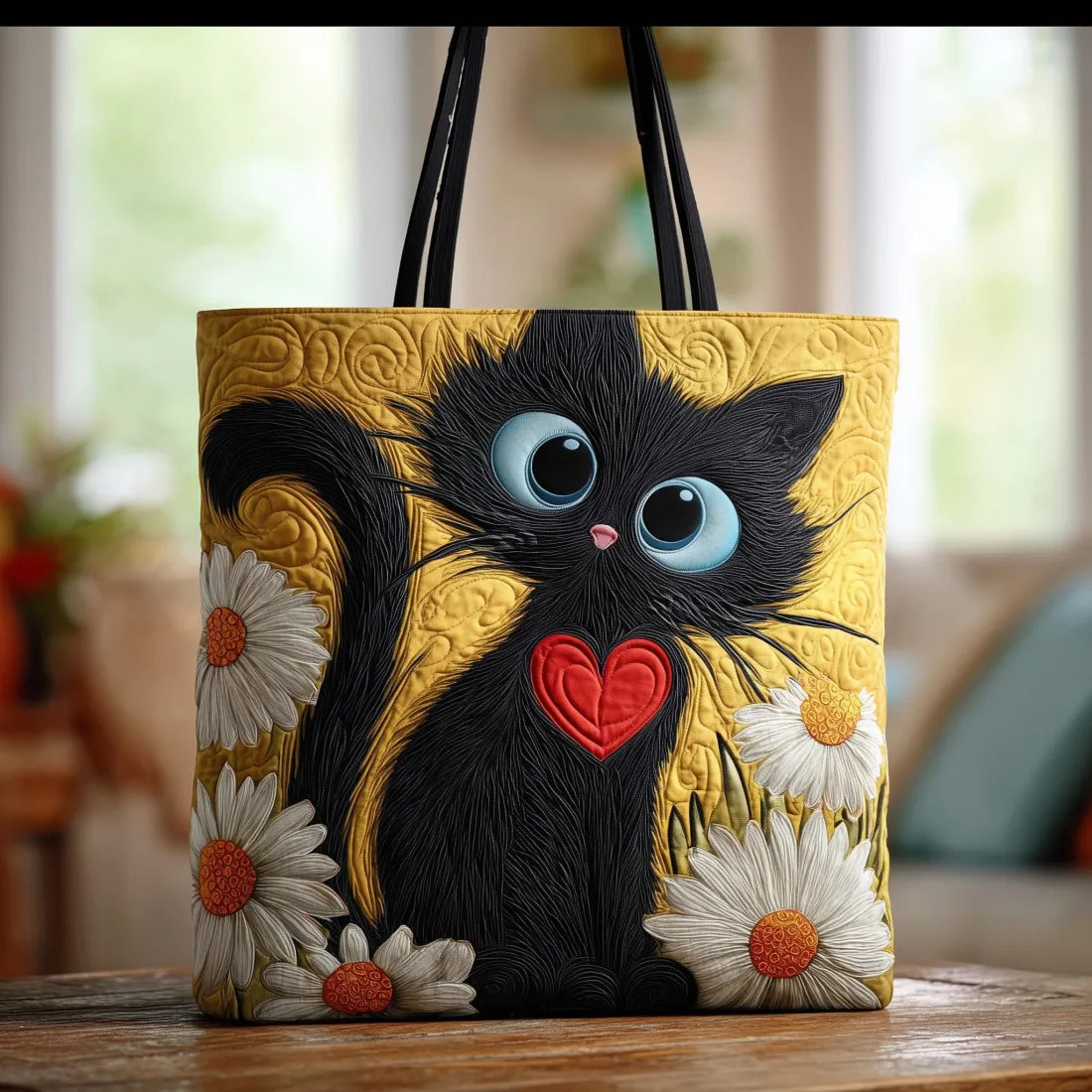 Tote Padded Bag - Black Cat with Daisies