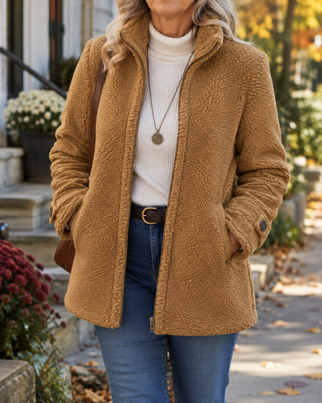 Rebecca stand collar zip jacket in Camel