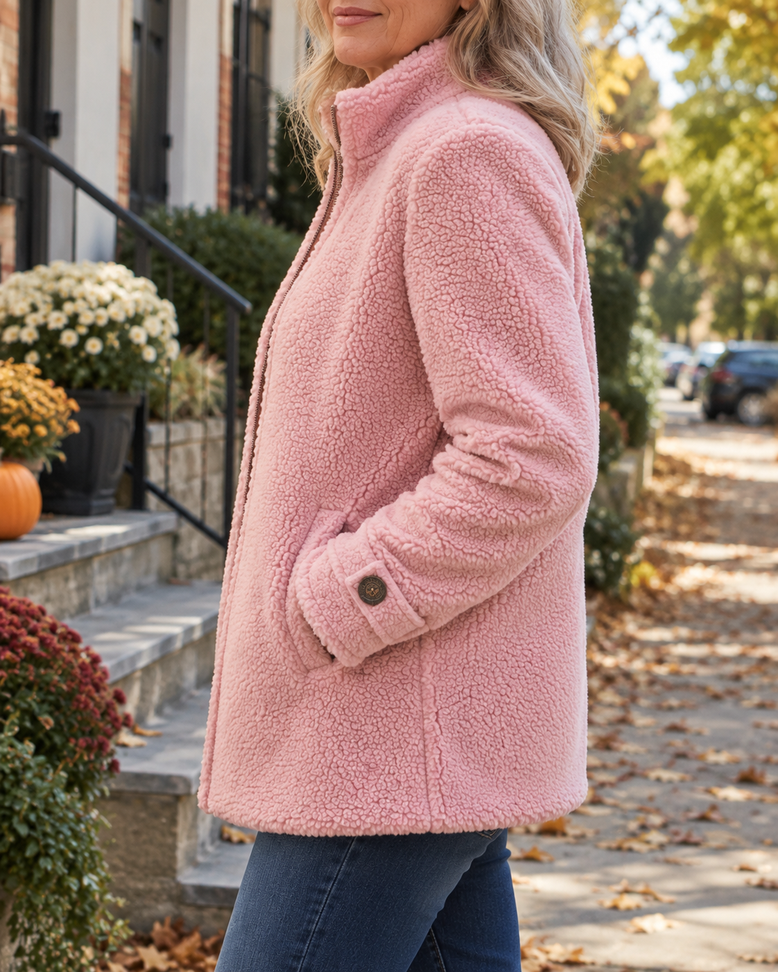 Rebecca stand collar zip jacket in Pink, collar, zip and cuff detail