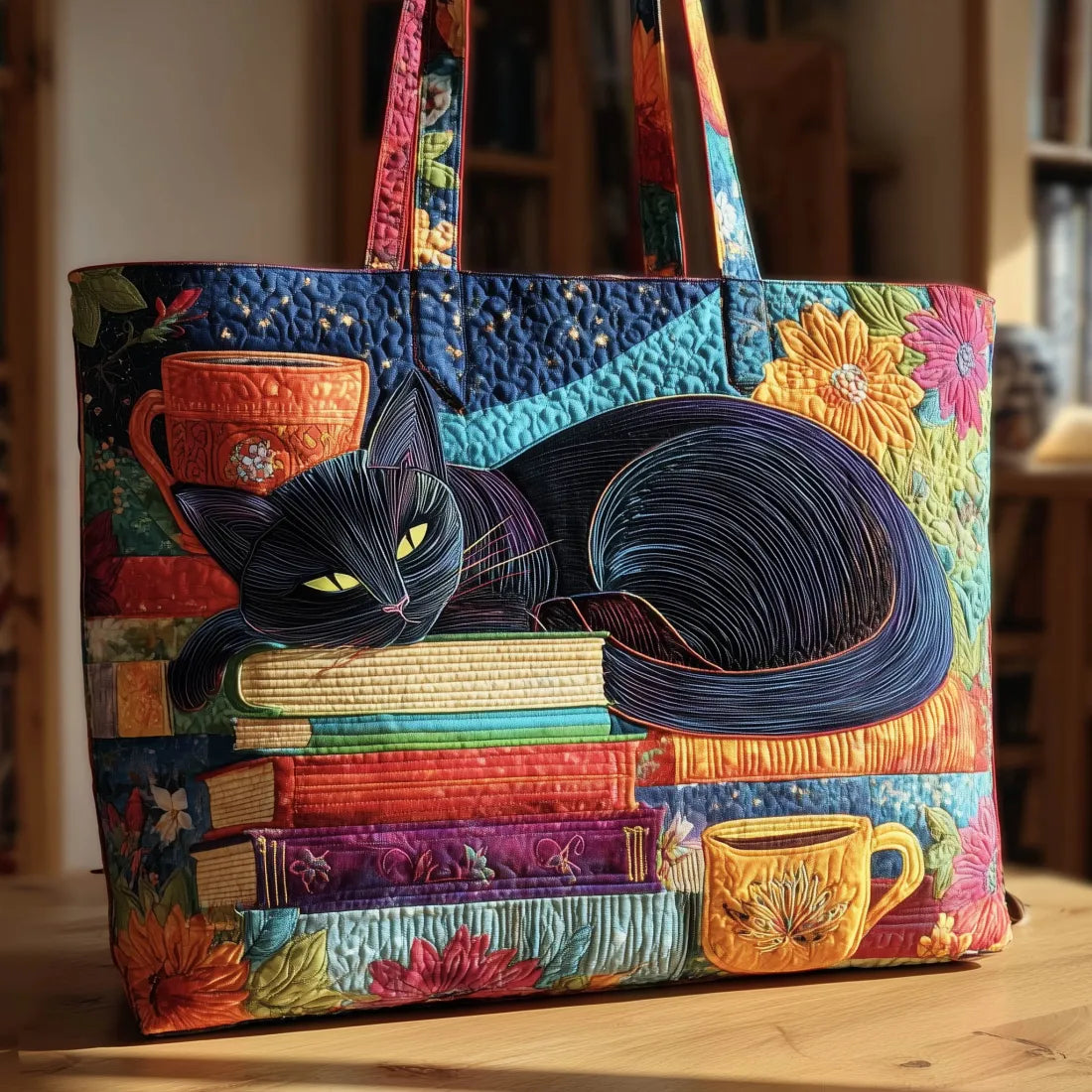 Tote Padded Bag - Black Cat with Books and Teacups
