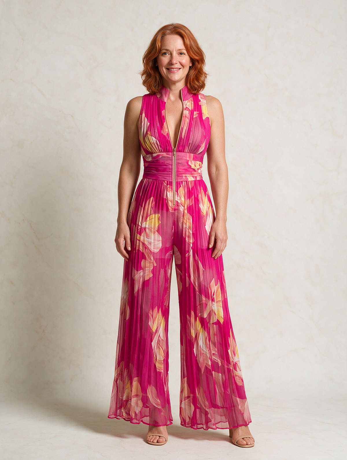 Serafina Jumpsuit | Fuchsia Floral Pleated Chiffon