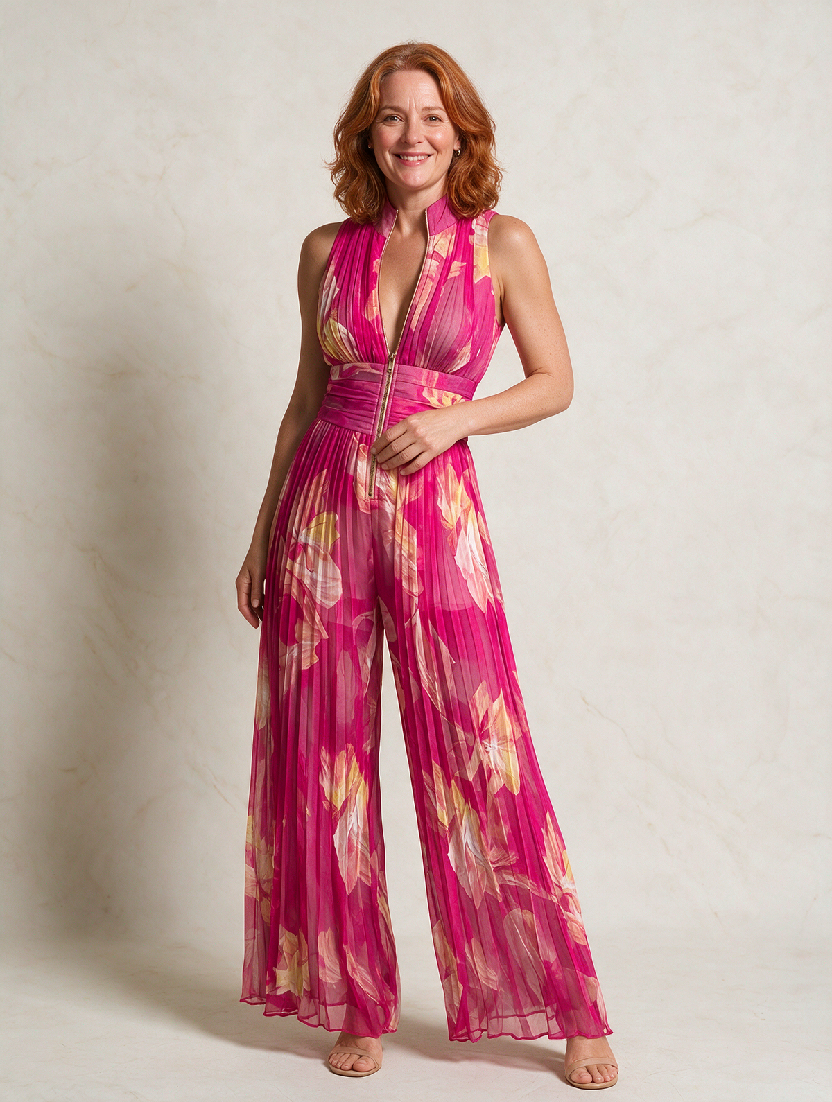 Serafina Jumpsuit | Fuchsia Floral Pleated Chiffon
