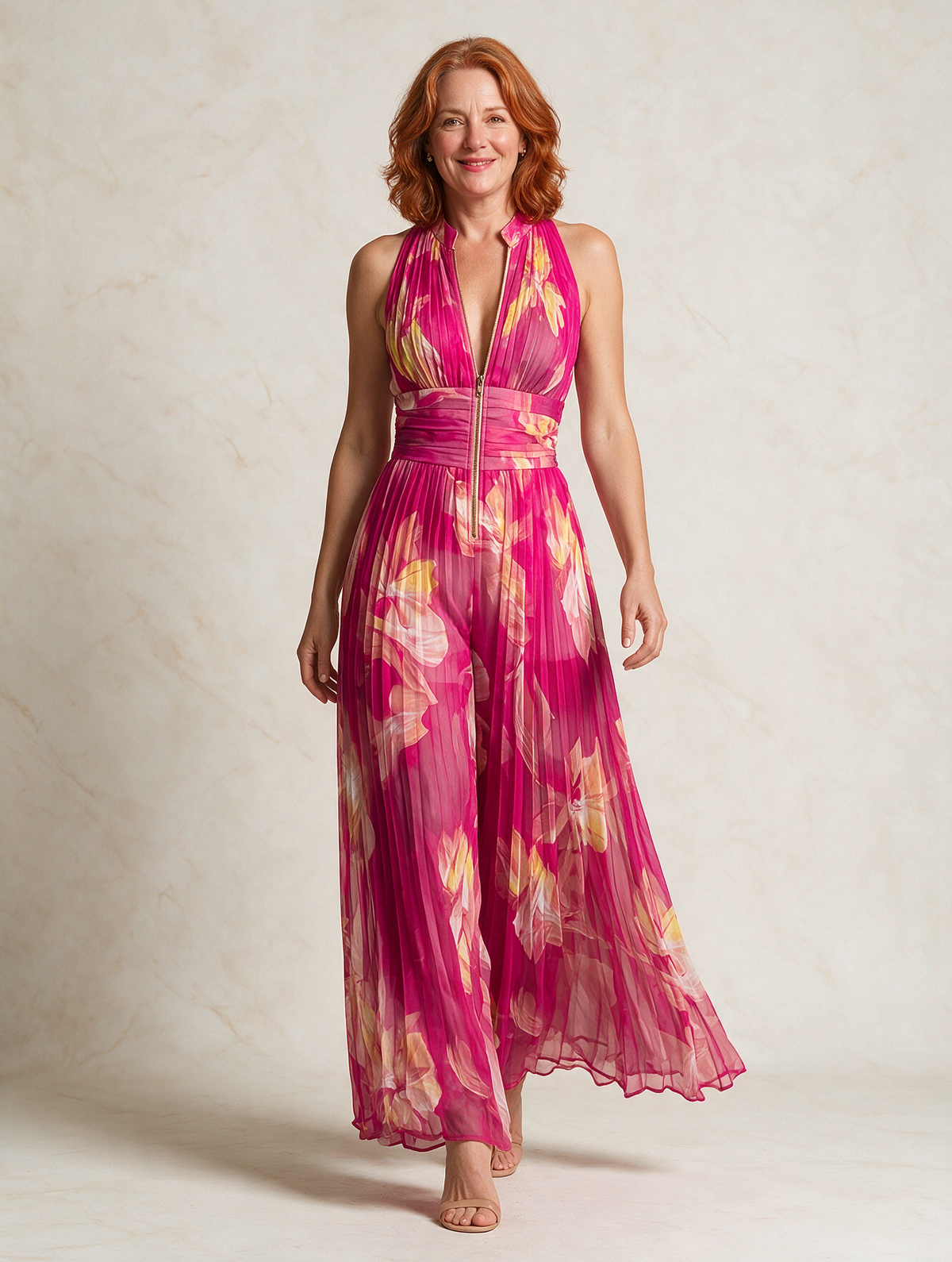 Serafina Jumpsuit | Fuchsia Floral Pleated Chiffon