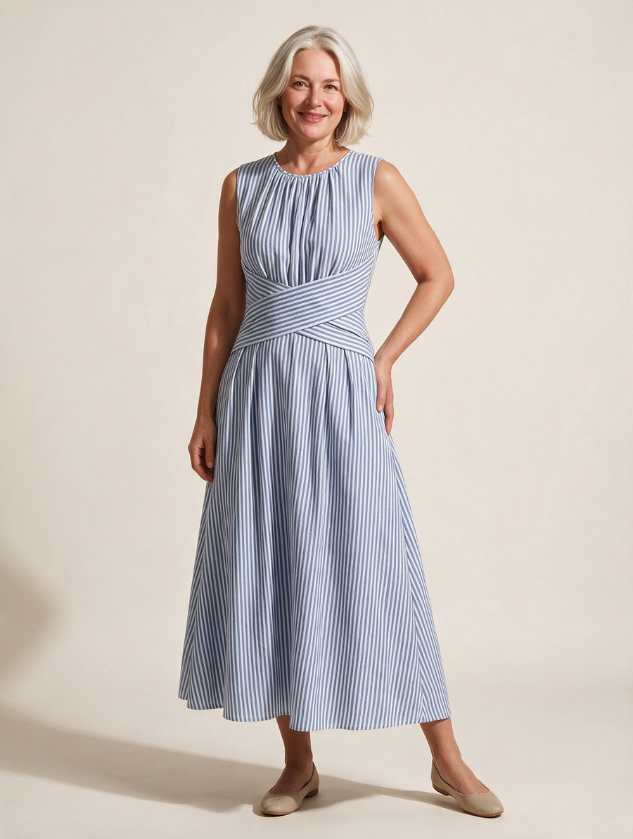 Blue and White Stripe Midi Dress