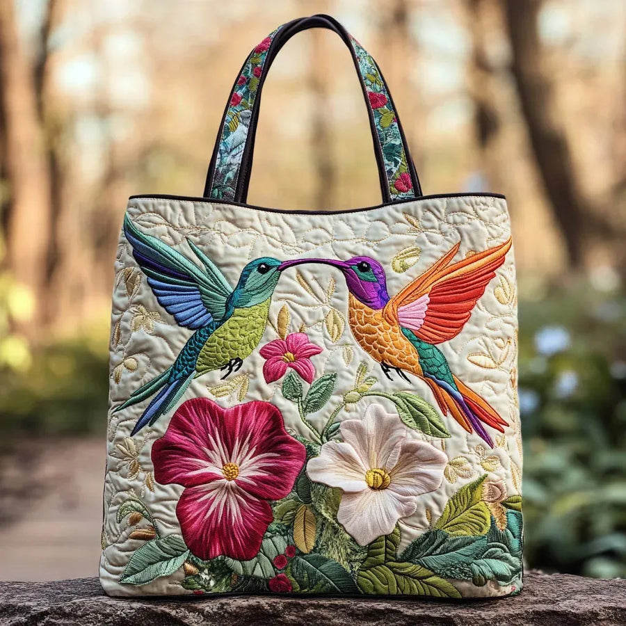 Tote Padded Bag - Hummingbird and White Flowers