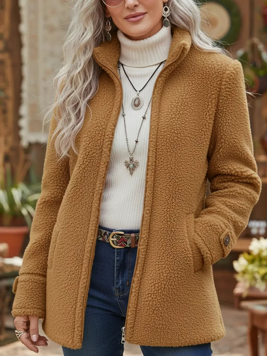 Vanessa sherpa full zip fleece jacket in Camel