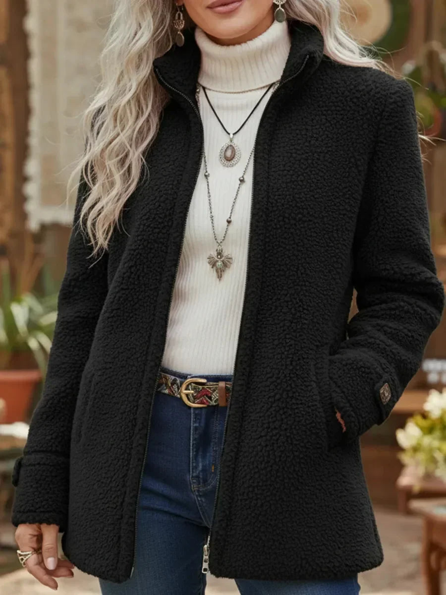 Vanessa sherpa full zip fleece jacket in Black