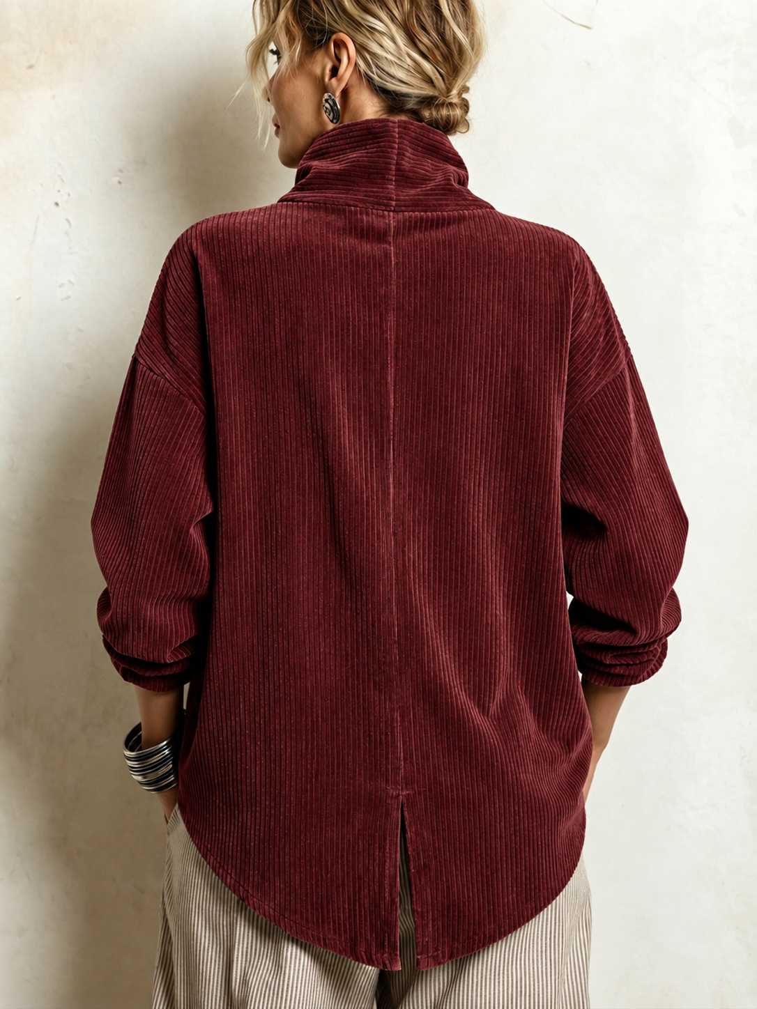 Amber corduroy button up top in Burgundy