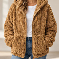 Adeline cosy textured fleece style zip up jacket with hood in Camel