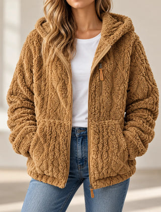 Adeline cosy textured fleece style zip up jacket with hood in Camel