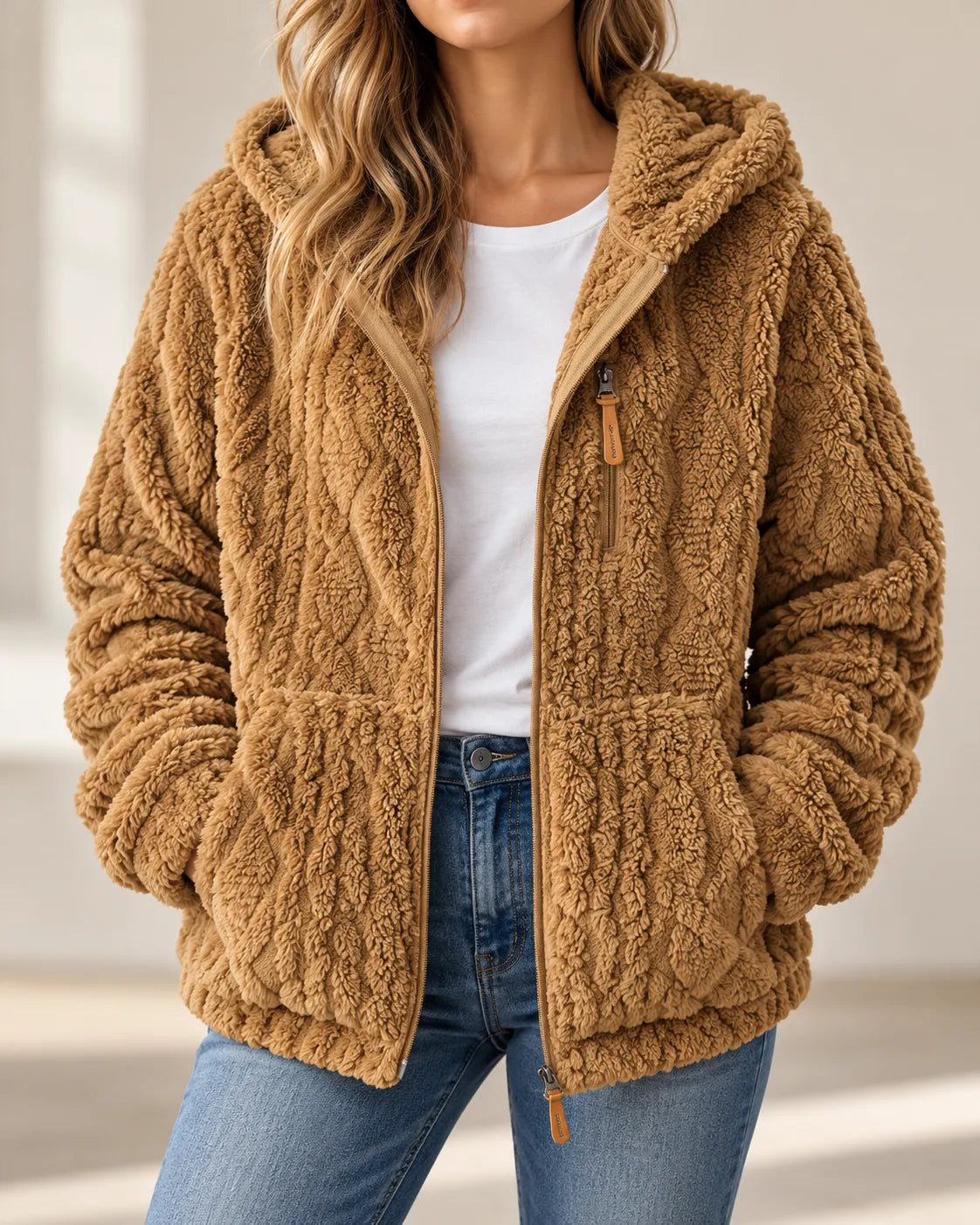 Adeline cosy textured fleece style zip up jacket with hood in Camel