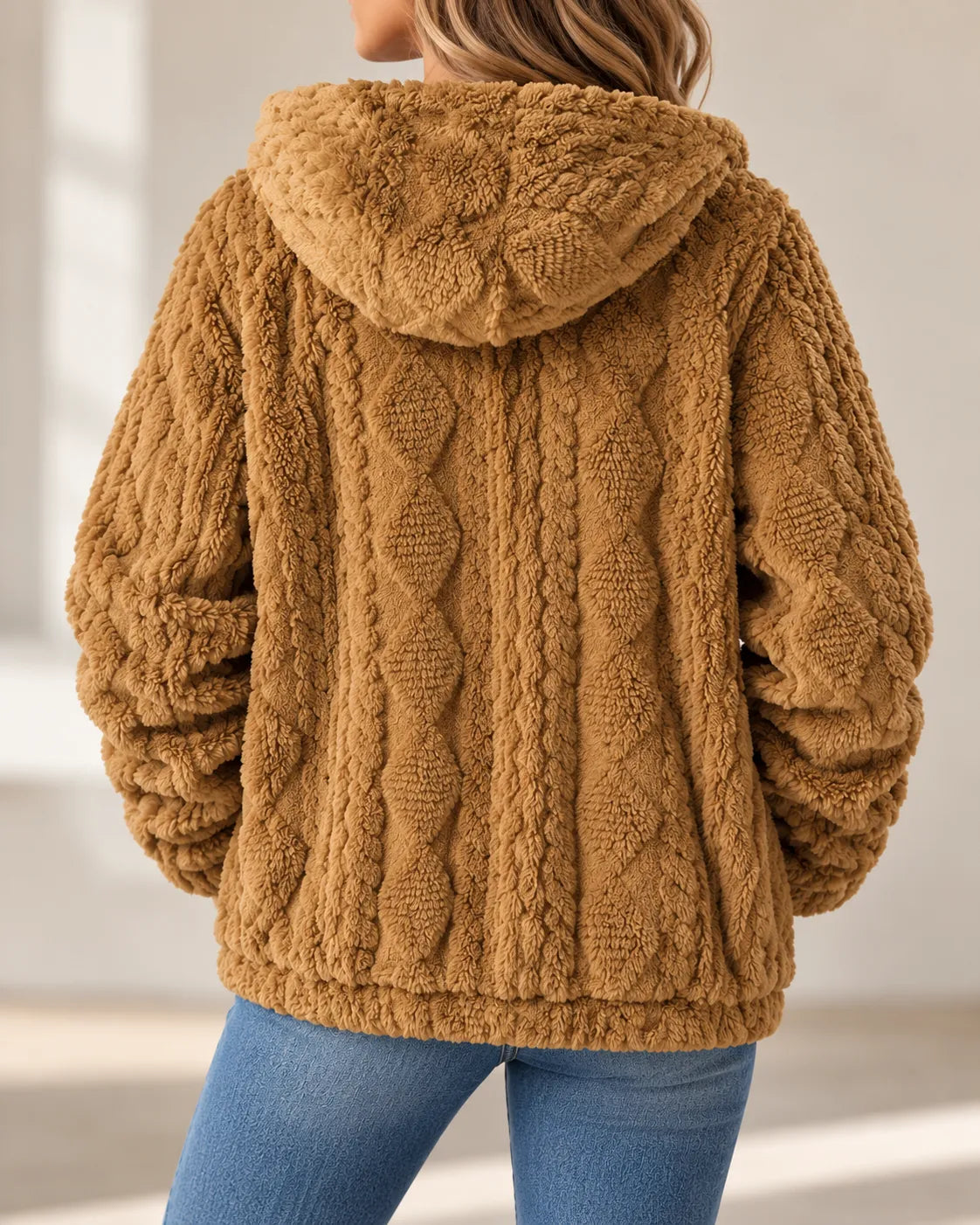 Adeline textured zip up jacket, hood and pattern detail