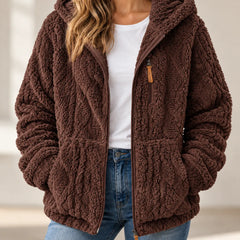 Adeline cosy textured fleece style zip up jacket with hood in Brown