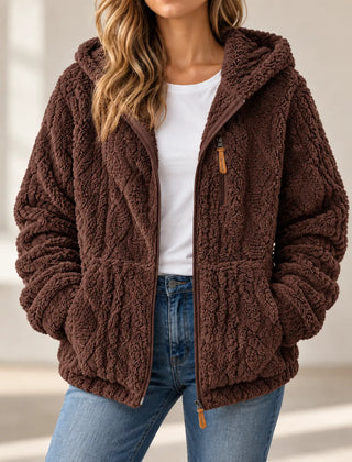 Adeline cosy textured fleece style zip up jacket with hood in Brown