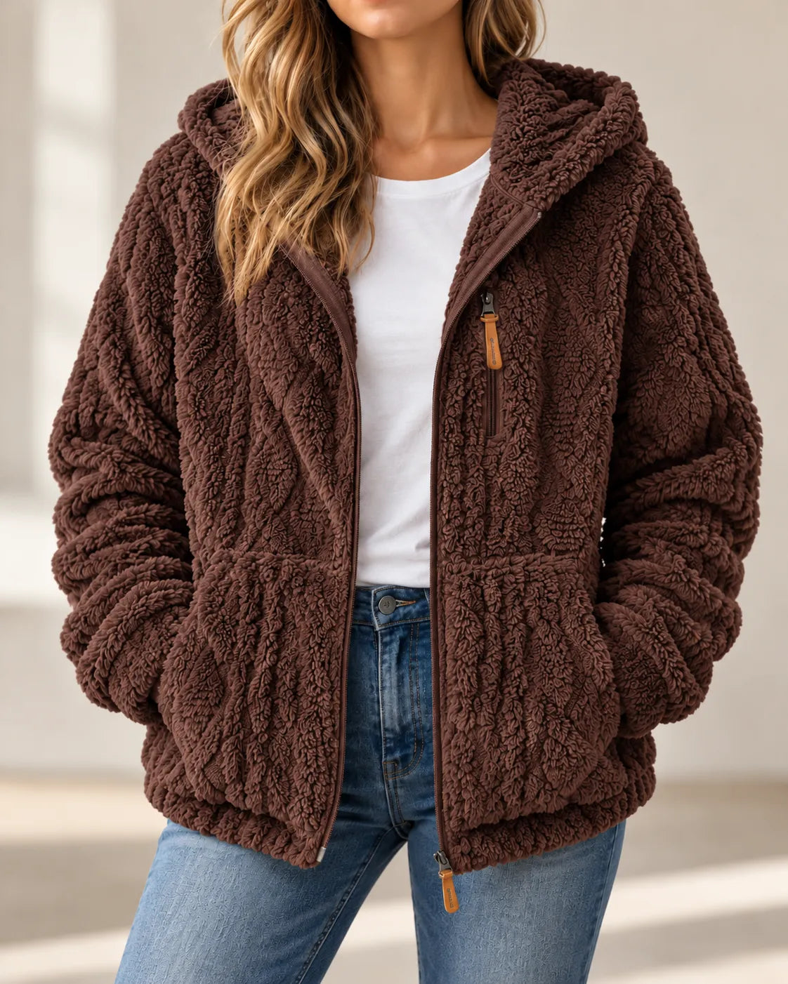 Adeline cosy textured fleece style zip up jacket with hood in Brown