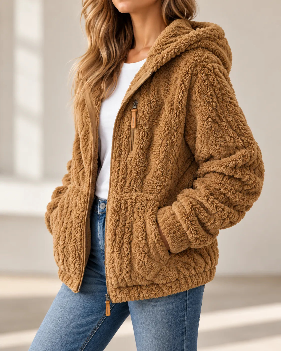 Adeline textured zip up jacket, hood and pattern detail