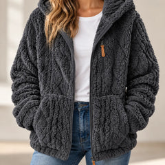 Adeline cosy textured fleece style zip up jacket with hood in Charcoal Grey