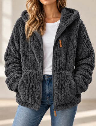 Adeline cosy textured fleece style zip up jacket with hood in Charcoal Grey
