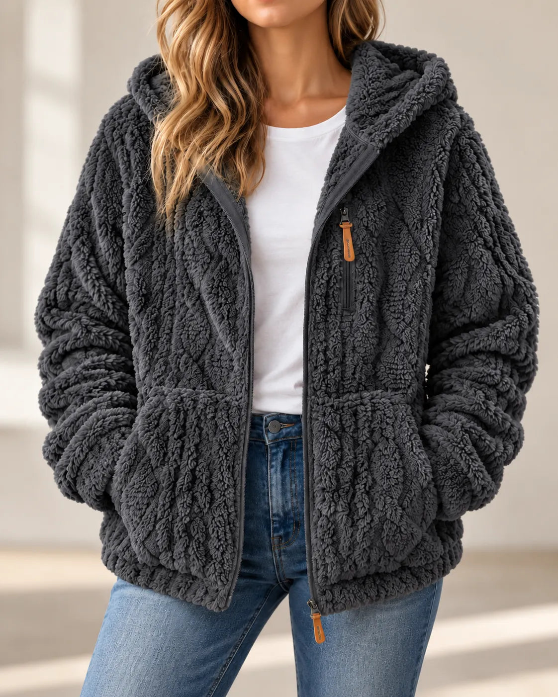 Adeline cosy textured fleece style zip up jacket with hood in Charcoal Grey