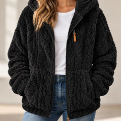 Adeline cosy textured fleece style zip up jacket with hood in Black