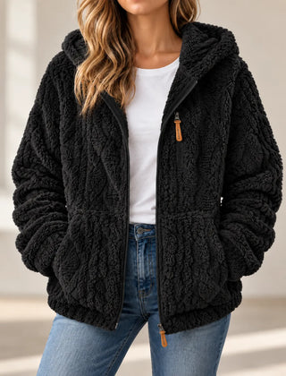 Adeline cosy textured fleece style zip up jacket with hood in Black
