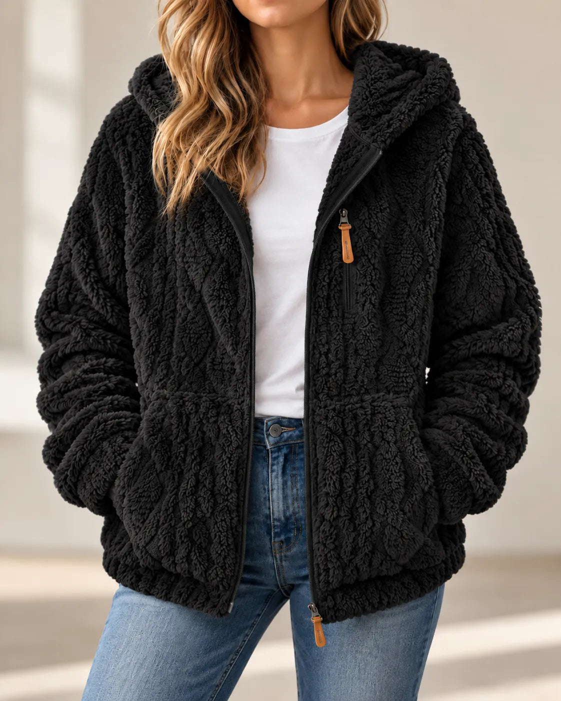 Adeline cosy textured fleece style zip up jacket with hood in Black