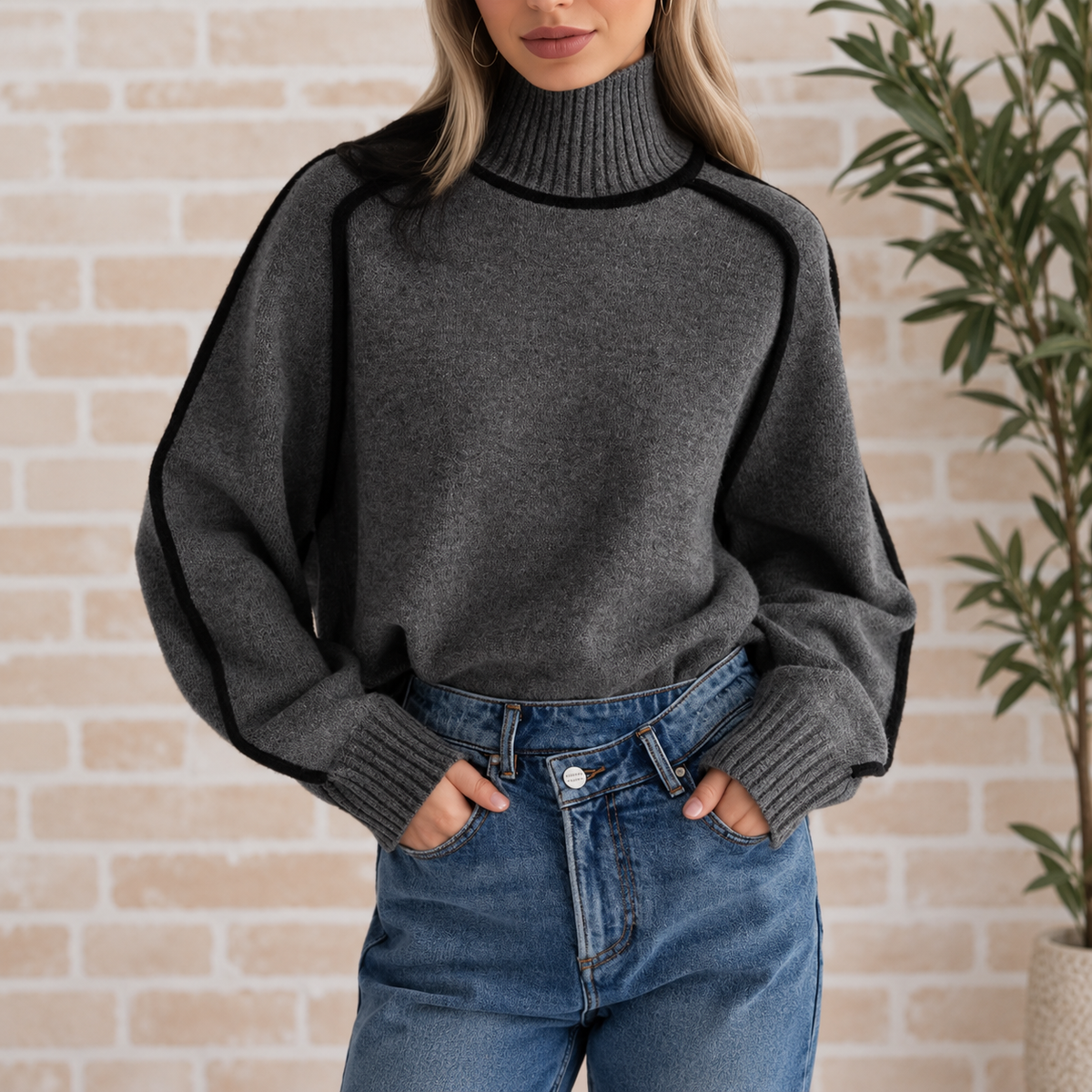 Quinn | Contrast Trim High Neck Jumper