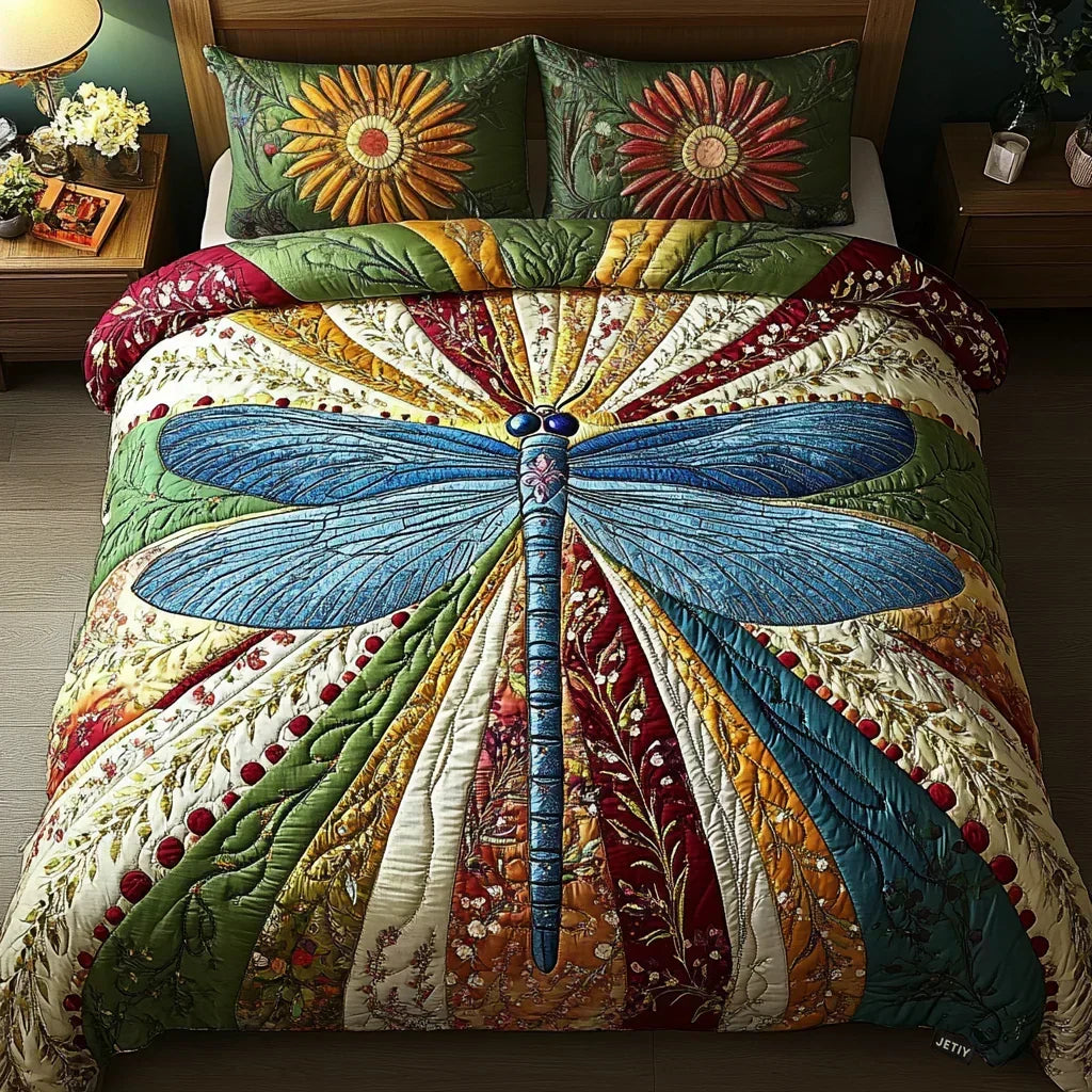 Golden Dragonfly 3-Piece Quilted Bedding Set