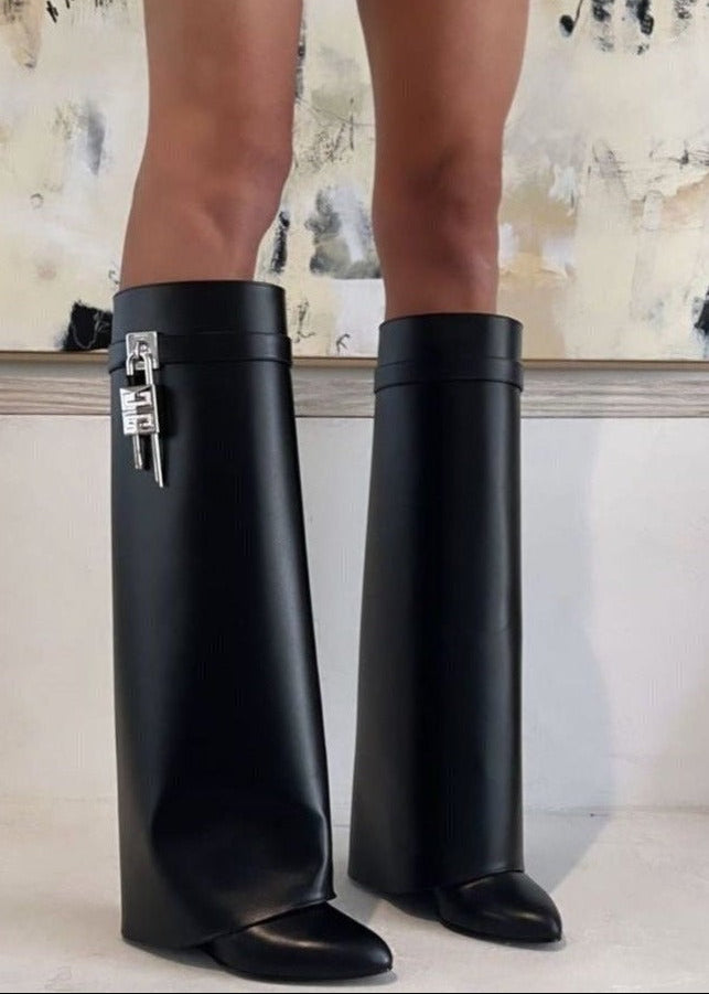 Hilary Knee High Wedge Boots lock clasp detail