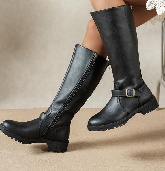 Francesca knee high buckle boots in Black