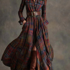 Beatriz long checkered dress with belt in Red Check