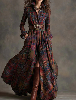 Beatriz long checkered dress with belt in Red Check