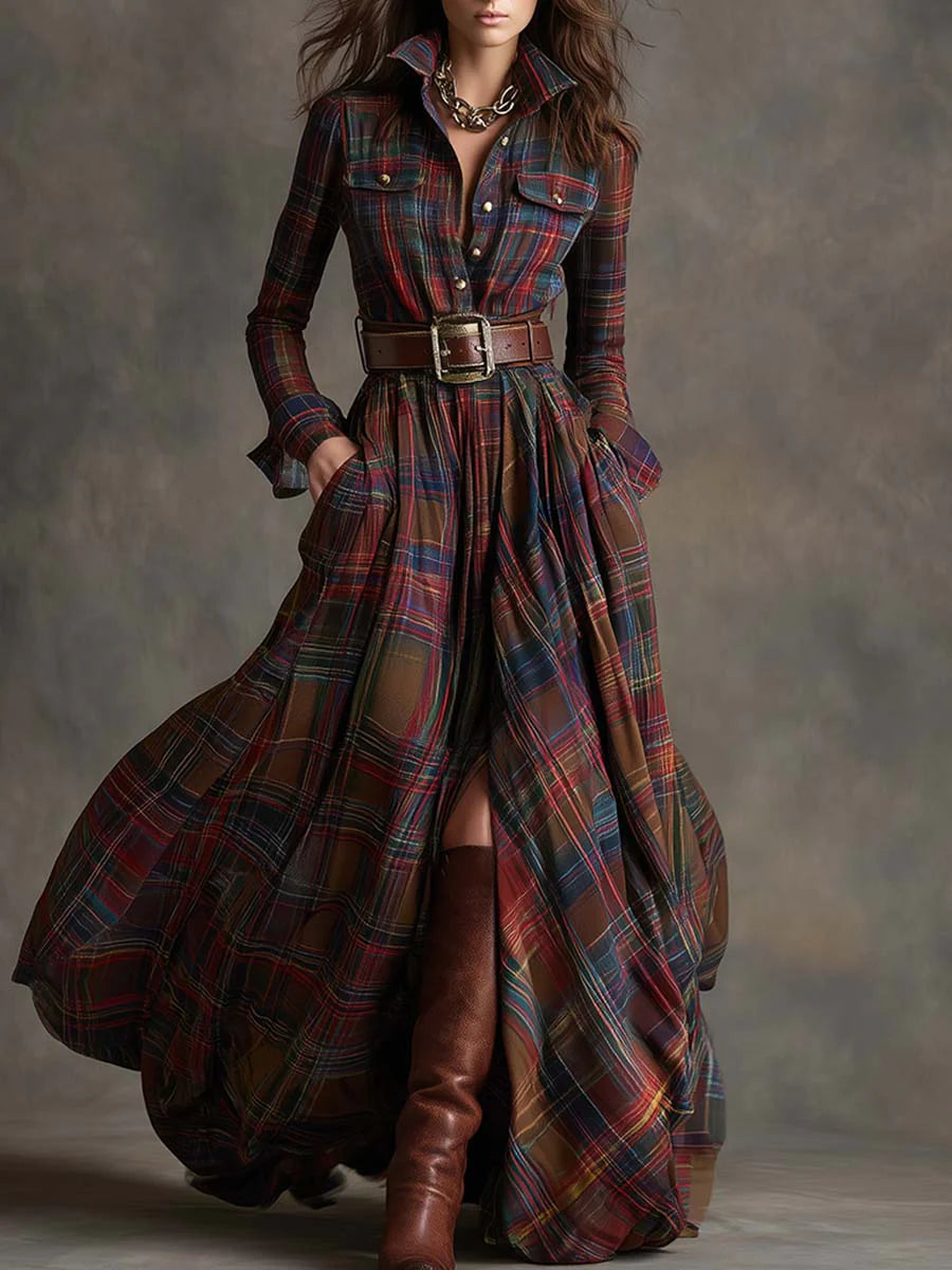 Beatriz long checkered dress with belt in Red Check