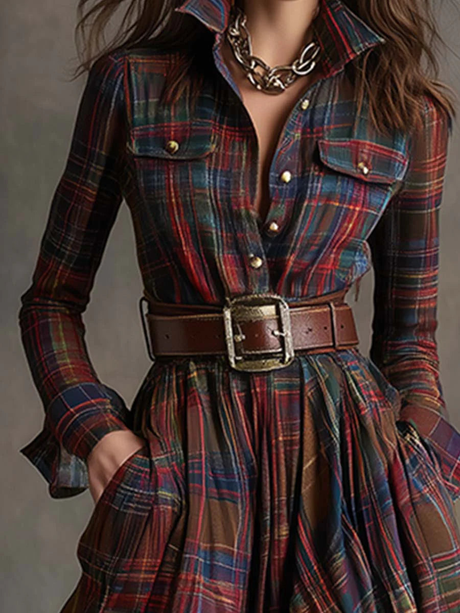 Beatriz long checkered dress, belt and shirt collar detail